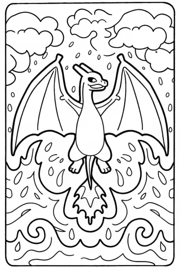A coloring page of Charizard in a fiery swirl dance