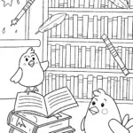 Chickens in a Cozy Library Coloring Page