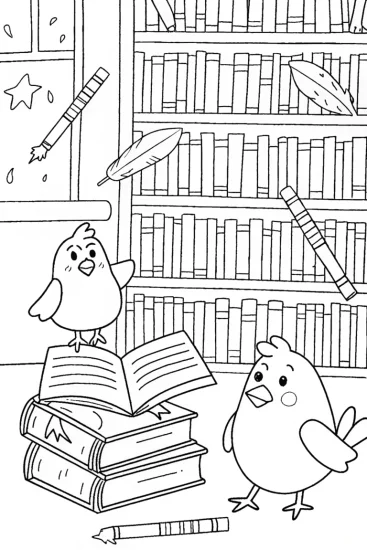 A coloring page of Chickens in a Cozy Library Coloring Page