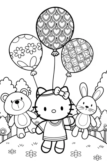 A coloring page of Hello Kitty’s Balloon Buddy Bash Coloring Page