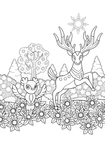 A coloring page of Celebi, Shaymin, and Xerneas Nature Coloring Page