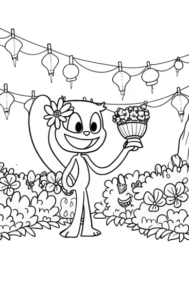 A coloring page of Huggy Wuggy’s Enchanted Garden Party Coloring Page