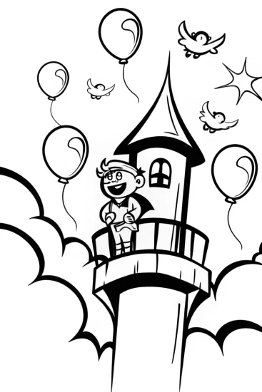 A coloring page of Blippi’s Adventure in the Sky Castle Coloring Page