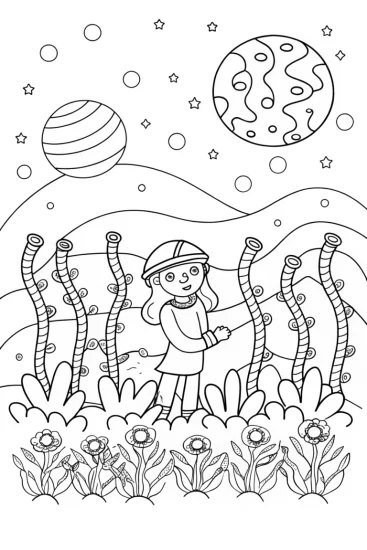 A coloring page of Barbie’s Dreamy Space Garden Coloring Page
