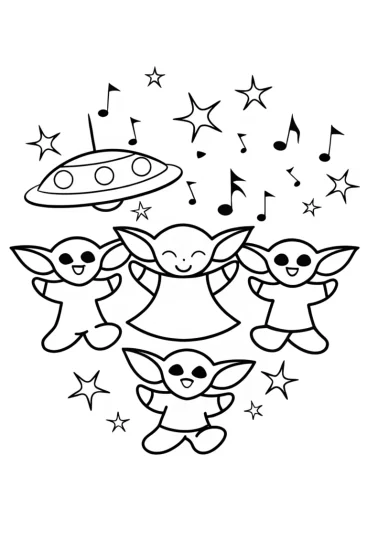 A coloring page of Baby Yoda’s Cosmic Dance Party Coloring Page