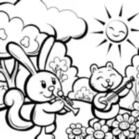 Summer Concert Coloring Page with Rabbit and Squirrel