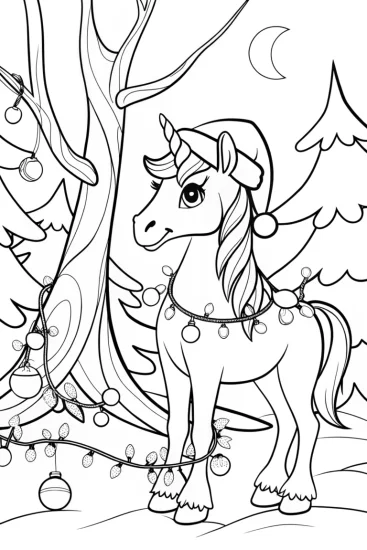 A coloring page of Unicorn Christmas Coloring Page
