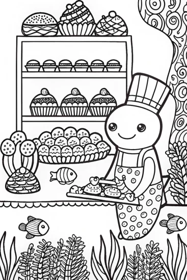 A coloring page of Axolotl’s Underwater Bakery Coloring Page