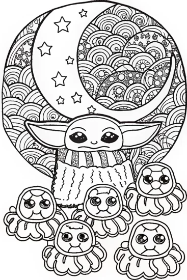 A coloring page of Baby Yoda’s Starry Sleepover Coloring Page
