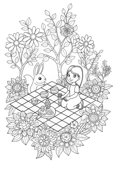 A coloring page of Jasmine’s Whimsical Tea Party Coloring Page