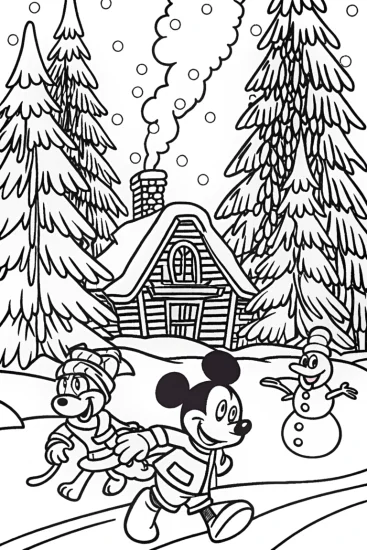 A coloring page of Mickey Mouse Winter Wonderland Coloring Page