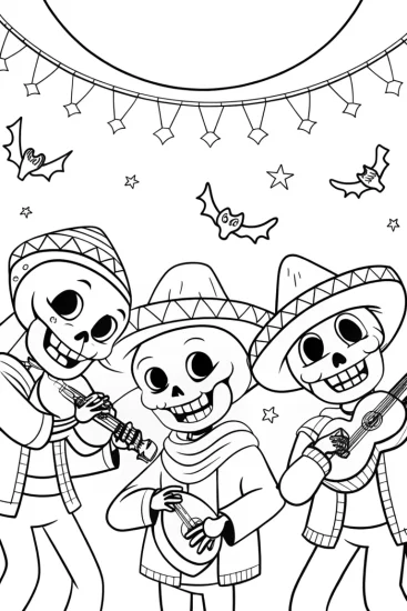 A coloring page of Cheerful Skeletons Halloween Coloring Page