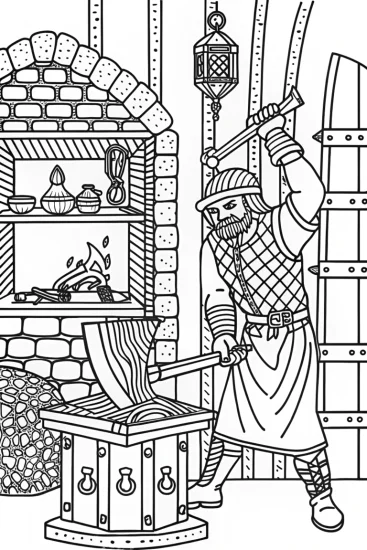 A coloring page of The mystical forge of glowing creations