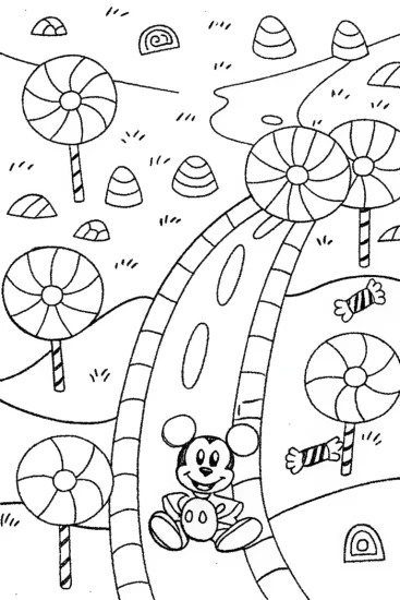 A coloring page of Mickey Mouse’s Adventure in Candy Land Coloring Page