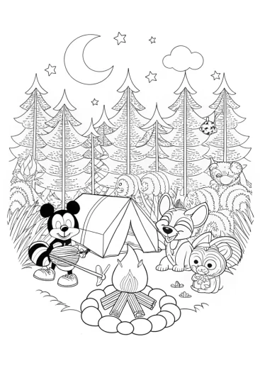 A coloring page of Mickey Mouse’s Enchanted Camping Coloring Page