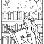 Curious Mermaid’s Enchanted Library Coloring Page