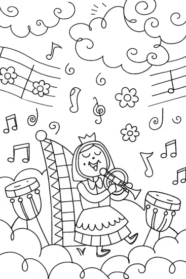 A coloring page of Alice’s Musical Wonderland Coloring Page