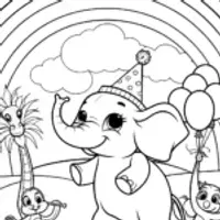 Rainbow Parade Coloring Page with Joyful Elephant