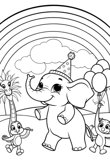 A coloring page of Rainbow Parade Coloring Page with Joyful Elephant