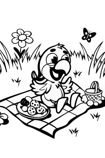 A coloring page of The Playful Parrot’s Picnic Coloring Page