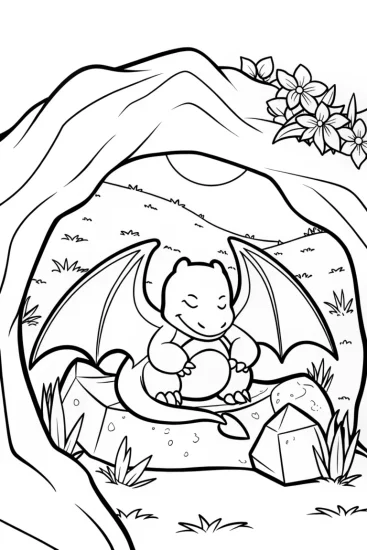 A coloring page of Charizard’s Cozy Cave Retreat Coloring Page