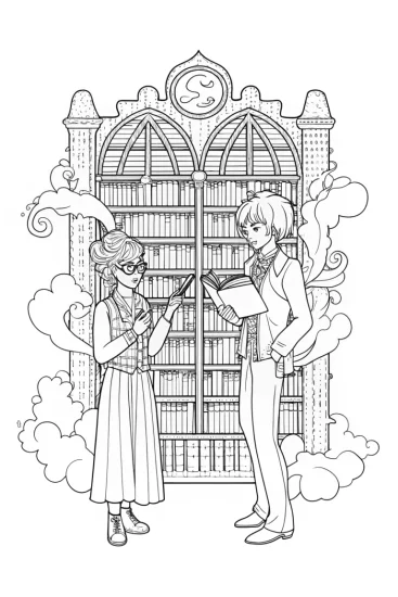 A coloring page of Guardians of the Enchanted Library Coloring Page