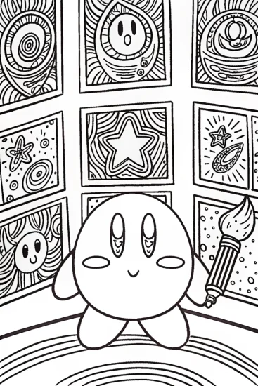 A coloring page of Kirby’s Cosmic Art Gallery Coloring Page
