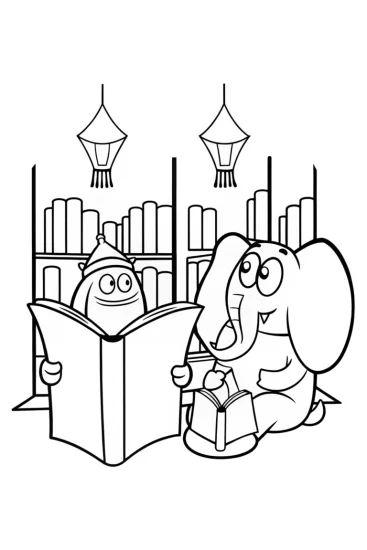 A coloring page of Bluey and Bingo’s Magical Library Coloring Page