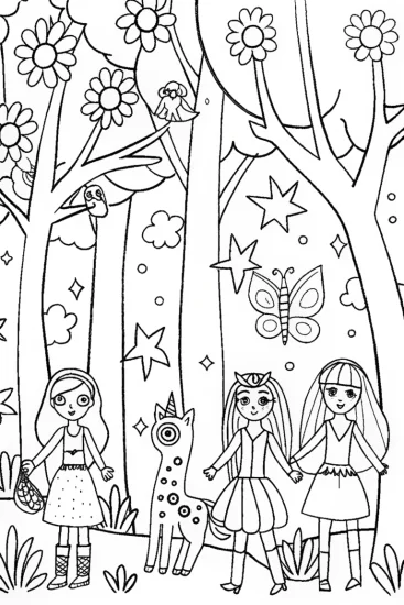 A coloring page of Bratz Dolls on a Magical Fashion Quest Coloring Page