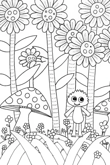 A coloring page of Huggy Wuggy in the whimsical flower woods