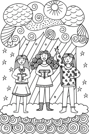 A coloring page of Rainbow High Students Crafting a Dreamy Sky