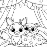 Woodland Sleepover with Deer and Raccoon Coloring Page