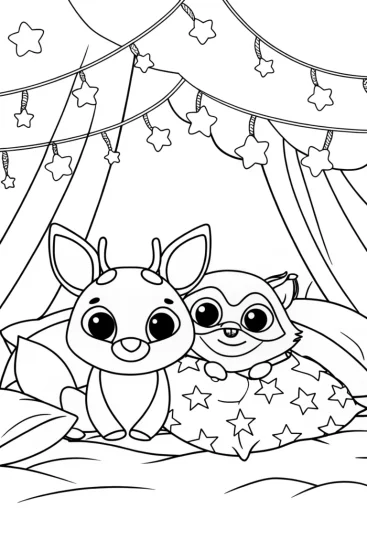 A coloring page of Woodland Sleepover with Deer and Raccoon Coloring Page