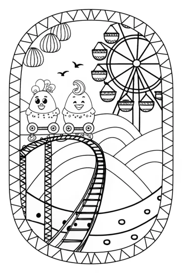 A coloring page of Chickens on a Rollercoaster Adventure Coloring Page