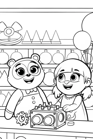 A coloring page of Bluey and Bingo’s Whimsical Toy Factory Coloring Page