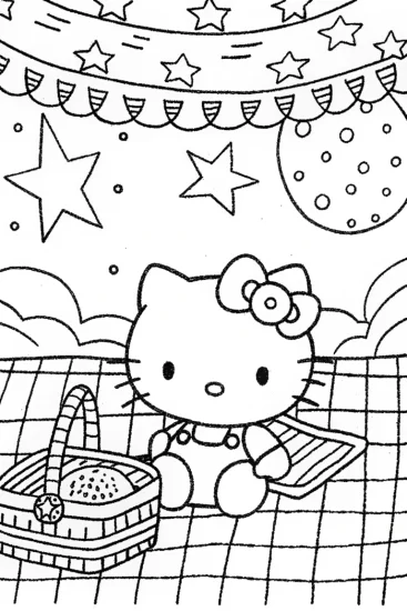 A coloring page of Hello Kitty’s Starry Night Picnic Coloring Page