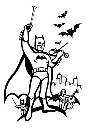 A coloring page of Batman Conducts the Symphony of Gotham