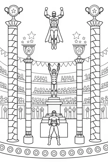A coloring page of Avengers in a Mythical Arena Coloring Page