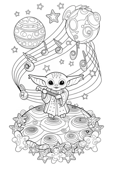 A coloring page of Baby Yoda’s Galactic Music Festival Coloring Page