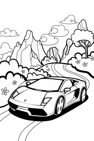 A coloring page of Lamborghini Adventure in the Enchanted Mountains