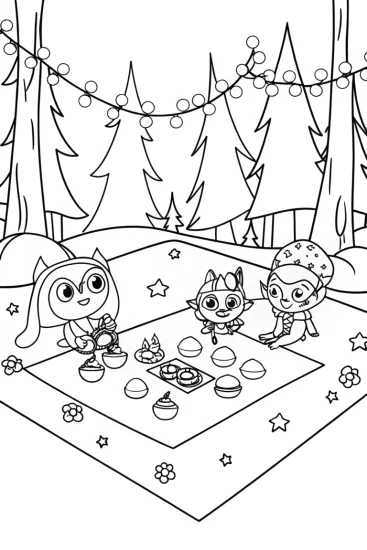 A coloring page of Whimsical Picnic in the Forest with Soraka and Chogath