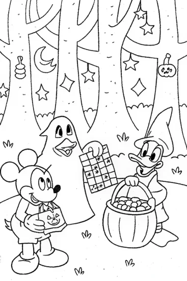 A coloring page of Mickey Mouse’s Halloween Treats Party Coloring Page