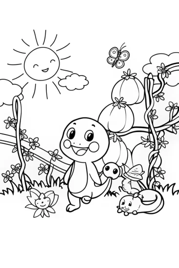 A coloring page of Charmander’s Magical Garden Adventure Coloring Page