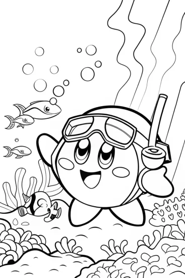 A coloring page of Kirby’s Underwater Treasure Hunt Coloring Page