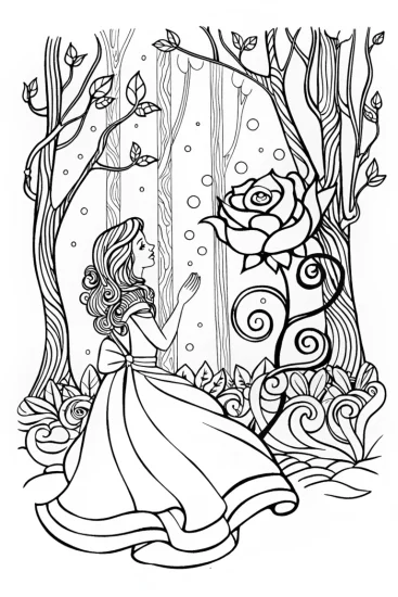 A coloring page of Belle and the Enchanted Rose Coloring Page