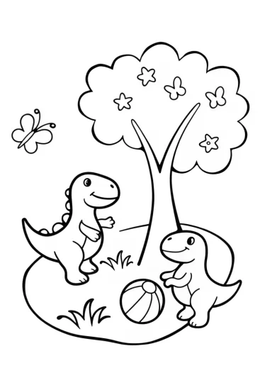 A coloring page of Friendly Dinosaurs Playing in the Park Coloring Page