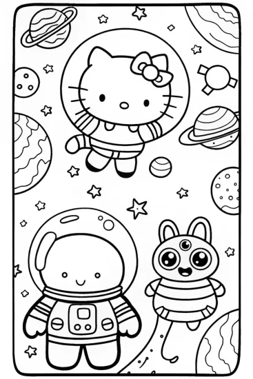 A coloring page of Hello Kitty’s Starry Sky Adventure Coloring Page