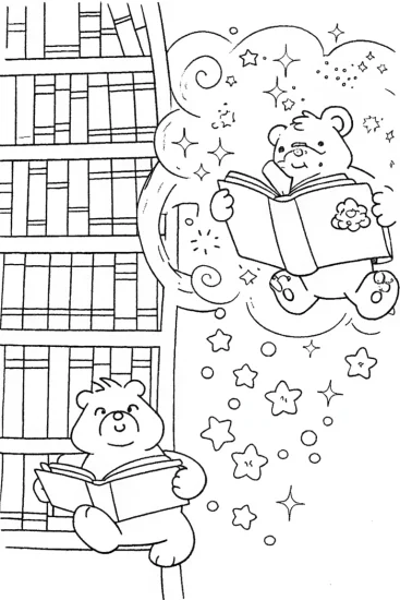 A coloring page of Care Bears in the Enchanted Library Coloring Page