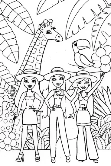 A coloring page of Bratz Dolls on a Fashion Safari Coloring Page
