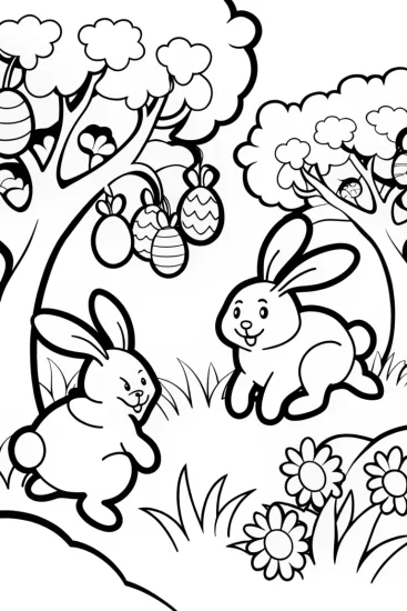 A coloring page of Easter Adventure with Bunnies Coloring Page